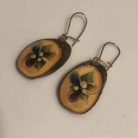 Handmade Wood Slice Floral Drop Earrings - Picture 2 of 7